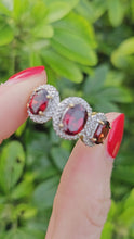 Load and play video in Gallery viewer, 6345  Vintage: 9ct Gold Garnets Diamonds Trilogy Ring