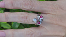 Cargar y reproducir el video en el visor de la galería, A0265: Vintage; 14ct White Gold Rubies Diamonds  Openwork "Swirl" Dress Ring