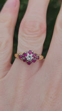 Cargar y reproducir el video en el visor de la galería, 1206: Vintage; 18ct Gold Rubies Diamond Cluster Ring- rare design, lovely stones