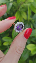 Load and play video in Gallery viewer, 1056: Vintage: 18ct Gold Deep Purple Amethyst 12 Diamonds Cluster Ring- Date-Mark 1963