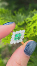 Load and play video in Gallery viewer, 2318: Vintage: 18ct Gold Emeralds Diamonds Marquise Set Art Deco Style Ring- From 1977