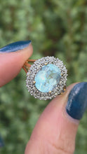 Load and play video in Gallery viewer, 1764: Vintage: 9ct Gold Swiss Blue Topaz 16 Diamonds Diana Style Cluster Ring