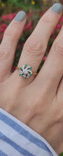 Load and play video in Gallery viewer, 6066 Vintage: 18ct Gold 6 Emeralds 7 Brilliant Cut Diamonds Cluster Ring