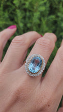 Load and play video in Gallery viewer, 1898: Vintage: 9ct Gold Swiss Blue Topaz 24 Diamonds Lady Diana Style Cluster Ring