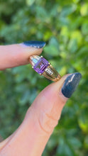 Load and play video in Gallery viewer, Vintage; 9ct Gold Emerald Cut Lilac Amethyst Diamonds 3-Stone Ring