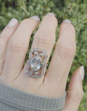 Load and play video in Gallery viewer, 2057 18ct White Gold Large Blue Aquamarine (2.41ct) Rose-Cut Diamonds  Art Deco Style Panel Ring