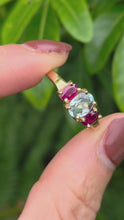 Load and play video in Gallery viewer, 2160: Vintage; 9ct Gold Blue Aquamarine Scarlet Red Topaz Dress Ring- seductive combination
