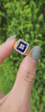 Load and play video in Gallery viewer, 1620: Vintage; 18ct Gold Blue Enamel Diamonds Art Deco Style Signet Ring- Heavy, sparkling statement piece.