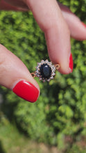 Load and play video in Gallery viewer, 1744: Vintage: 9ct Gold Blue Sapphire 14 Diamonds Diana Cluster Ring- From 1982