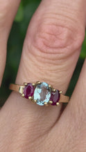 Load and play video in Gallery viewer, 2160: Vintage; 9ct Gold Blue Aquamarine Scarlet Red Topaz Dress Ring- seductive combination