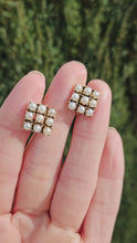 Cargar y reproducir el video en el visor de la galería, 1116: Vintage: 9ct Gold Square Set 18 Cultured Pearls Screw Back Earrings- substantial