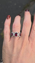 Load and play video in Gallery viewer, 6345  Vintage: 9ct Gold Garnets Diamonds Trilogy Ring