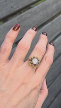 Load and play video in Gallery viewer, 6189 Vintage (1960's): 9ct Gold White Opal Garnets Cluster Ring - beautifully paired. (Copy)