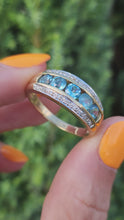 Load and play video in Gallery viewer, 6164 Vintage: 9ct Gold 5 Swiss Blue Topaz 18 Diamonds Cocktail Ring- lovely combination, crisp eye candy