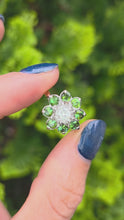 Load and play video in Gallery viewer, 2102:   Vintage; 18ct Gold Peridots Diamond Flower Head Ring- Sparkling beauty