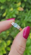 Load and play video in Gallery viewer, 6099:  Vintage: 18ct Gold Blue Aquamarine Twin Diamonds Dress Ring- From 1973