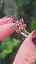 Load and play video in Gallery viewer, 2527: Vintage 9ct Gold Orange Citrines Diamond Flower Head Ring