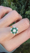 Load image into Gallery viewer, 6185 Vintage: 18ct Gold 6 Emeralds 7 Diamonds Flower Head Ring-
