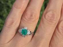 Load image into Gallery viewer, 2342 Vintage: Platinum Emerald Cut Emerald Diamonds Cocktail Cluster Ring