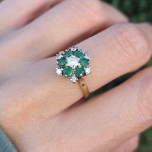 Load image into Gallery viewer, 6185 Vintage: 18ct Gold 6 Emeralds 7 Diamonds Flower Head Ring-