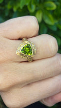 Load image into Gallery viewer, 2232 9ct gold Shield-- Cut Peridot Ornate Signet Ring