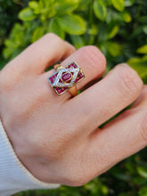 Cargar imagen en el visor de la galería, 1084: Vintage: 9ct Gold Art Deco Style Rubies Diamonds Ring- geometric beauty