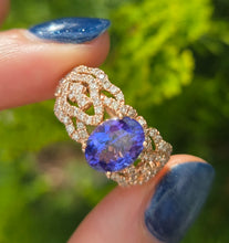 Cargar imagen en el visor de la galería, 2344: Vintage:  14ct Gold  Large Vibrant Blue Tanzanite Pave Diamonds Openwork Dress Ring- Exceptional