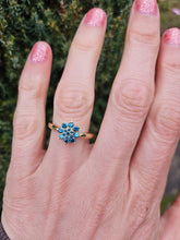 Load image into Gallery viewer, 6348 Vintage; Rare 9ct Gold Blue Diamonds Flower Head Ring- 15 natural, sparkling diamonds