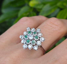 Cargar imagen en el visor de la galería, 6015: Vintage; Large:18ct White Gold Diamonds & Emeralds Statement Cluster Ring- sparkling beauty