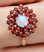 Load image into Gallery viewer, 0985: Vintage: Rare: 9ct Gold Moonstone 24 Garnets Cluster Ring-From 1974