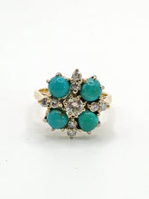 Cargar imagen en el visor de la galería, 2913: Vintage Old : 18ct Gold Turquoise Diamonds Flowerhead Ring- sparkling symmetr