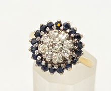 Cargar imagen en el visor de la galería, 2324: Vintage: 18ct Gold Blue Sapphires Diamonds Target Ring- From 1974
