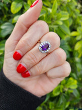 Load image into Gallery viewer, 1056: Vintage: 18ct Gold Deep Purple Amethyst 12 Diamonds Cluster Ring- Date-Mark 1963