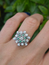 Cargar imagen en el visor de la galería, 6015: Vintage; Large:18ct White Gold Diamonds & Emeralds Statement Cluster Ring- sparkling beauty