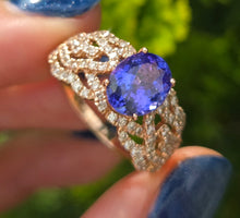 Cargar imagen en el visor de la galería, 2344: Vintage:  14ct Gold  Large Vibrant Blue Tanzanite Pave Diamonds Openwork Dress Ring- Exceptional
