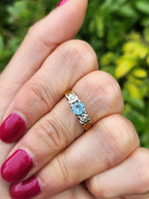Load image into Gallery viewer, 6099:  Vintage: 18ct Gold Blue Aquamarine Twin Diamonds Dress Ring- From 1973