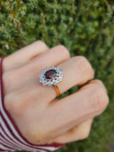 Load image into Gallery viewer, 6350: Vintage: 18ct Gold Rich Red Garnet 12 Diamonds Diana Style Cluster Ring - From 1972