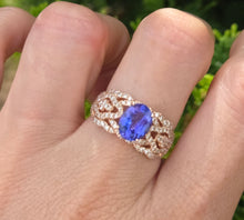 Cargar imagen en el visor de la galería, 2344: Vintage:  14ct Gold  Large Vibrant Blue Tanzanite Pave Diamonds Openwork Dress Ring- Exceptional