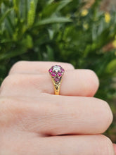 Cargar imagen en el visor de la galería, 1206: Vintage; 18ct Gold Rubies Diamond Cluster Ring- rare design, lovely stones