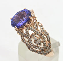 Cargar imagen en el visor de la galería, 2344: Vintage:  14ct Gold  Large Vibrant Blue Tanzanite Pave Diamonds Openwork Dress Ring- Exceptional
