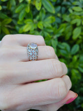 Cargar imagen en el visor de la galería, 0649: Vintage: 9ct Gold Pale Blue Moonstone 32 Diamonds Dress Ring- lovely combination,