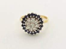 Cargar imagen en el visor de la galería, 2324: Vintage: 18ct Gold Blue Sapphires Diamonds Target Ring- From 1974