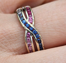 Load image into Gallery viewer, 1429: Vintage: 9ct White Gold Rubies Sapphires Crossover Ring- crisp, colourful, eye candy