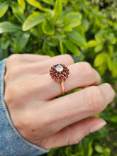Cargar imagen en el visor de la galería, 0985: Vintage: Rare: 9ct Gold Moonstone 24 Garnets Cluster Ring- Date-Mark 1974
