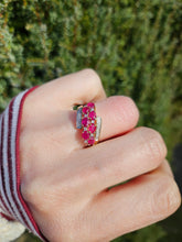 Cargar imagen en el visor de la galería, 1157: Vintage; 9ct Gold Abstract Cluster Rubies Diamonds Ring- striking design
