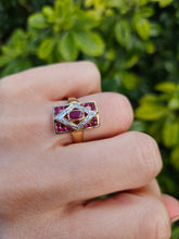 Cargar imagen en el visor de la galería, 1084: Vintage: 9ct Gold Art Deco Style Rubies Diamonds Ring- geometric beauty