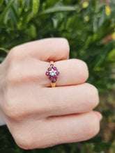 Cargar imagen en el visor de la galería, 1206: Vintage; 18ct Gold Rubies Diamond Cluster Ring- rare design, lovely stones