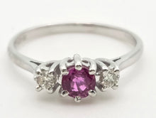 Cargar imagen en el visor de la galería, 2357: Vintage; 18ct White Gold Ruby Round Full Cut Diamonds 3- Stone Straight Ring- From 1978