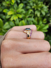 Load image into Gallery viewer, 6265 Vintage: 9ct Gold Pink & Green Sapphires Blue Zircon Cocktail Ring