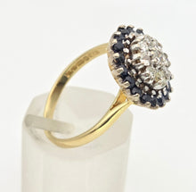 Cargar imagen en el visor de la galería, 2324: Vintage: 18ct Gold Blue Sapphires Diamonds Target Ring- From 1974